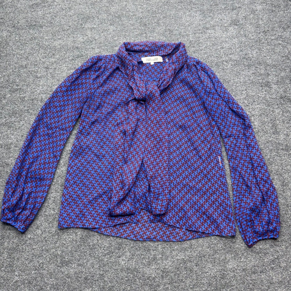 Diane von Furstenberg Blue Burgundy Geometric Silk Tie Neck Blouse Size 4